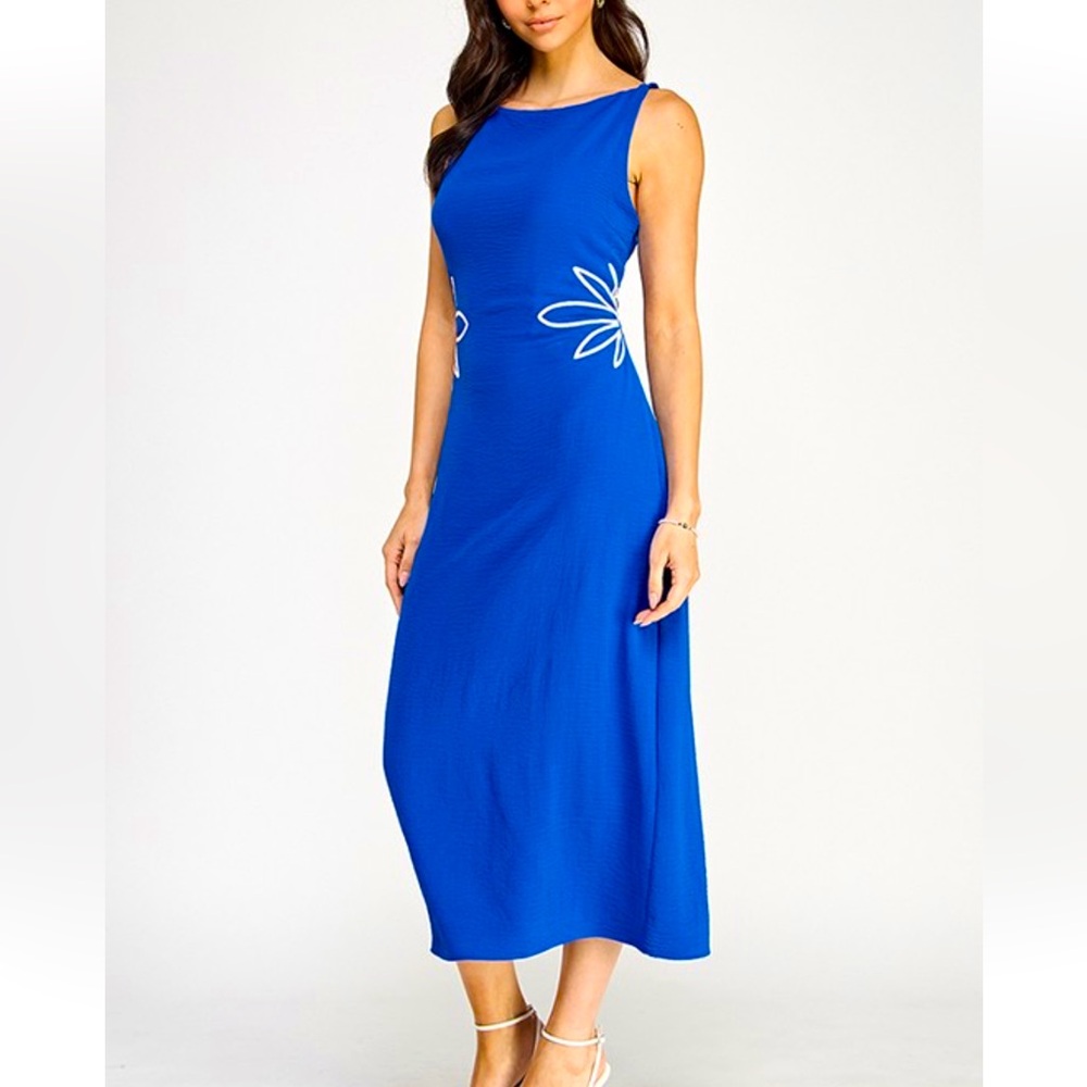 Blue Midi Dress with Floral Side Detail